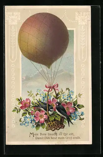 AK Schwalben im blumengeschmückten Ballon