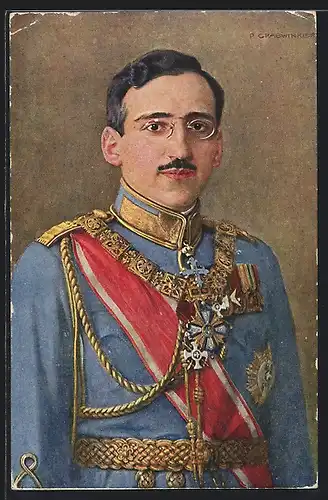 Künstler-AK König Aleksander I. von Serbien in Uniform