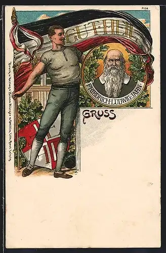 Lithographie Mann mit Flagge und Wappen huldigt Turnvater Jahn
