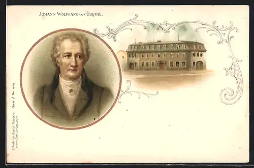 Lithographie Johann Wolfgang Goethe, Portrait und Wohnhaus