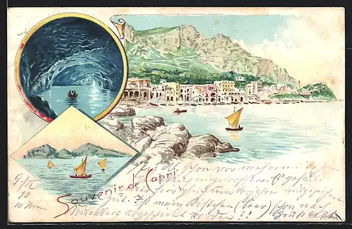 Lithographie Capri, Ortsansicht vom Wasser aus, Blaue Grotte