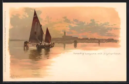 Lithographie Venezia, Laguna con barca Pescaseccia