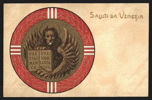 Präge-AK Venezia, Marcuslöwe im Lorbeerkranz mit Buch