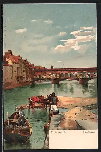 Künstler-AK Firenze, Ponte Vecchio, Schiffe am Ufer mit Blick zur Brücke