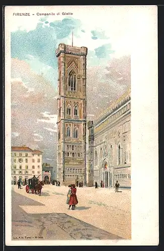 Künstler-Lithographie Firenze, Ortspartie an der Campanile di Giotto