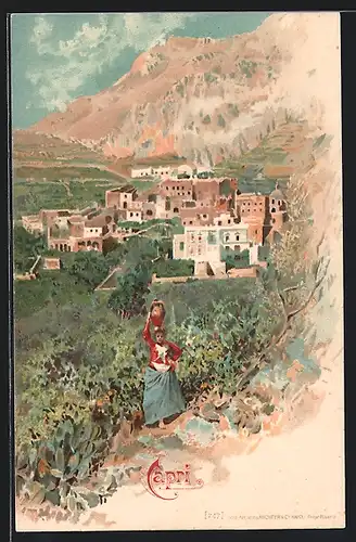 AK Capri, Ortsansicht mit Felsmassiv