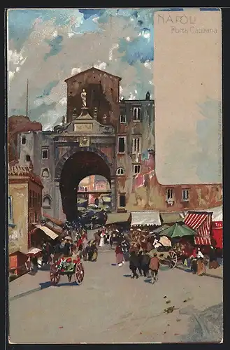 Lithographie Napoli, Porta Capuana con gente, carrozze e mercato