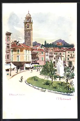 Künstler-AK Pallanza, Ortspartie mit Denkmal und Turm