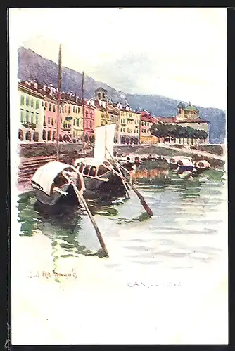 Lithographie Cannobio, Küstenpartie mit Booten