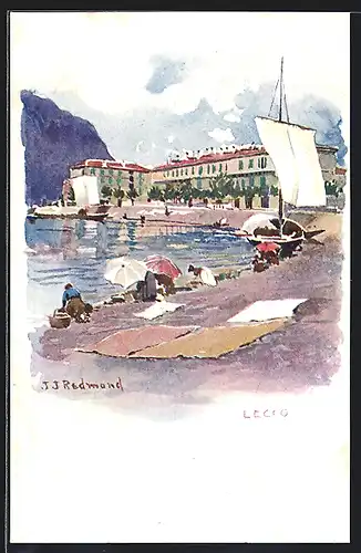 Künstler-AK Lecco, Hafenpartie mit Schiff