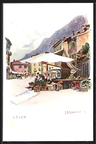 Lithographie Lecco, Blick auf einen Marktstand
