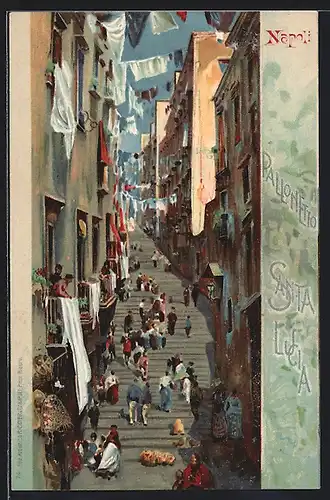 Künstler-AK Napoli, Leute auf der Treppe in einer Gasse