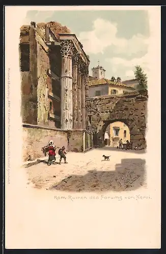Lithographie Rom, Ruinen des Forums von Nervi