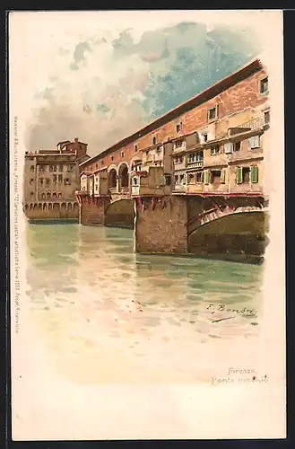 Lithographie Firenze, Ponte Vecchio mit Arno