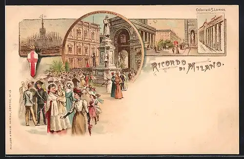 Lithographie Milano, Piazza della Scala, Colonne di S. Lorenzo