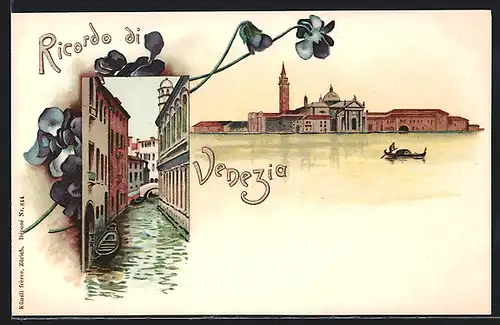 Lithographie Venezia, enger Kanal, Blick zum Markusturm