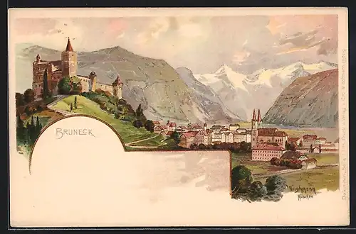 Künstler-AK sign. Hirschmann: Bruneck, Stadtpartie mit Burg
