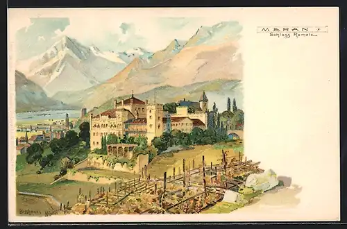 Künstler-AK sign. Hirschmann: Meran, Schloss Rametz mit Bergpanorama