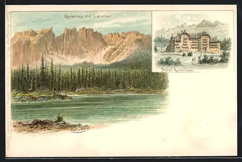 Lithographie Karersee, Hôtel Karersee, Panorama mit Latemar