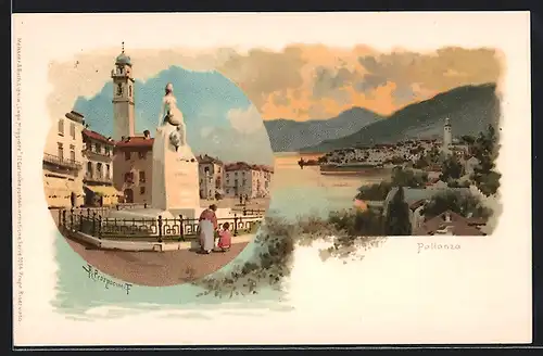 Lithographie Pallanza, Panorama und Denkmal