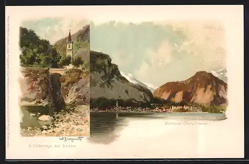 Lithographie Baveno, Panoramablick vom Ort, S. Caterina del Sasso