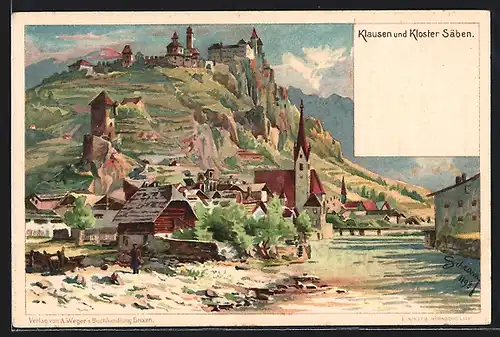Künstler-AK Klausen, Ortsansicht mit Kloster Säben