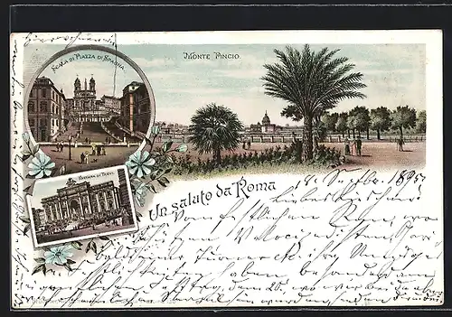 Lithographie Roma, Monte Pincio, Scala di Piazza di Spagnia, Fontana di Trevi