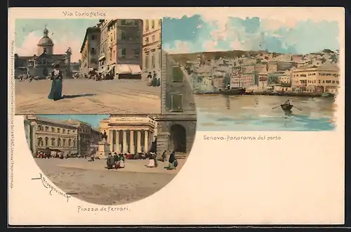 Lithographie Genova, Piazza de Ferrari, Via Carlo Felice