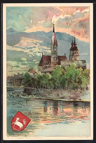 Lithographie Brixen, Eisak-Steig, Blick zur Kirche