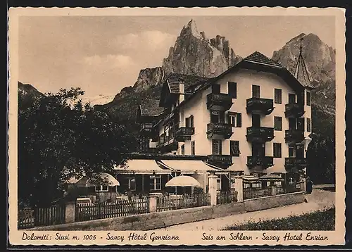AK Seis am Schlern, Savoy Hotel Enzian in der Strassenansicht