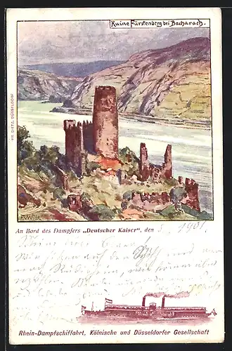 Künstler-AK Dampfer Deutscher Kaiser, Ruine Fürstenberg bei Bacharach