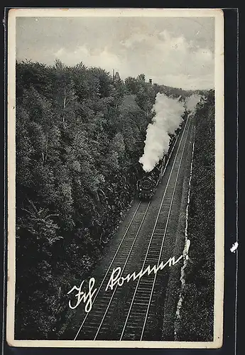 AK Ich komme, Eisenbahn fährt durch den Wald