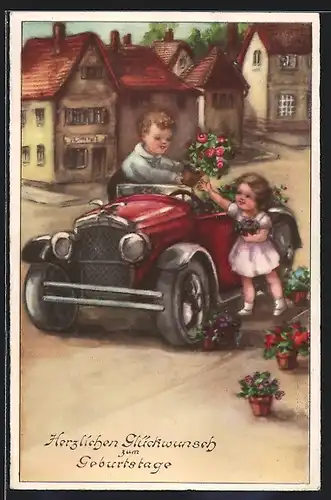 Künstler-AK Mädchen und Junge packen Blumen in ein Auto