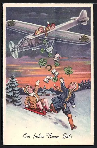 Künstler-AK Kinder werfen Briefe und Glücksklee aus einem Flugzeug