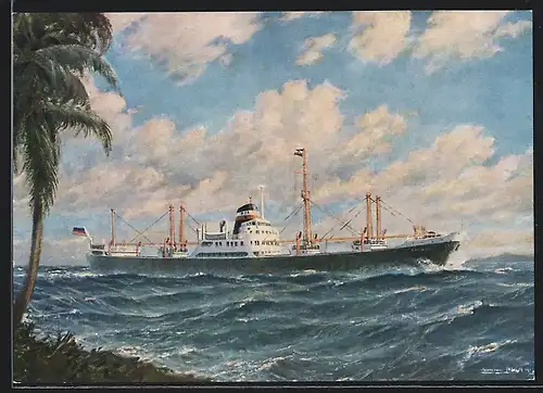 Künstler-AK Handelsschiff M.S. Welheim, Poseidon Linien Hamburg