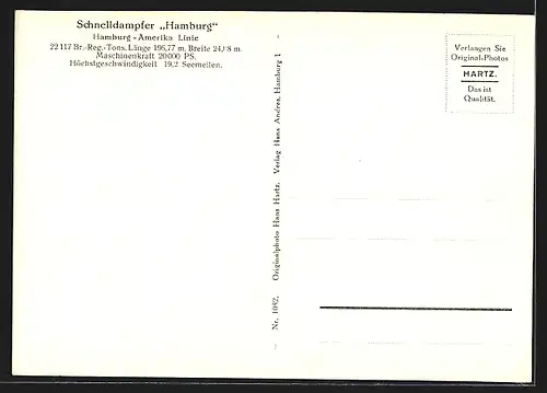 AK Schnelldampfer Hamburg der Hamburg-Amerika Linie