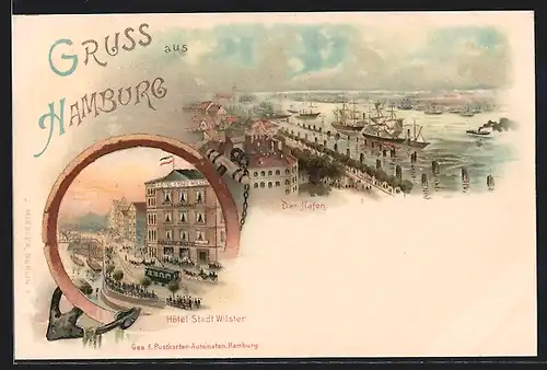 Lithographie Hamburg-Harburg, Hotel Stadt Wilster, Blick auf den Hafen