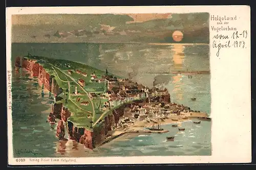 Lithographie Helgoland, die Insel aus der Vogelschau