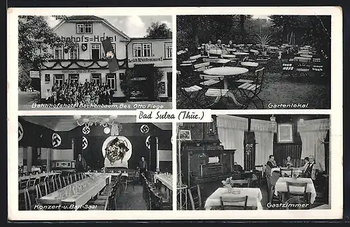 AK Bad Sulza, Bahnhofshotel Eschenbaum mit Gartenlokal und Innenansicht des Gastzimmers, banner