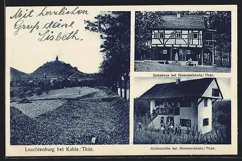 AK Kahla, Blick auf die Leuchtenburg, Siebshaus und Gräfenhütte bei Hummelshain