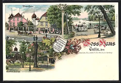 Lithographie Eutin, Voss Haus, Garten-Ansicht, Voss-Brücke