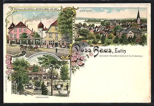 Lithographie Eutin, Wohnhaus des Dichters Joh. Heinr. Voss, Gartenansicht, Ortsansicht