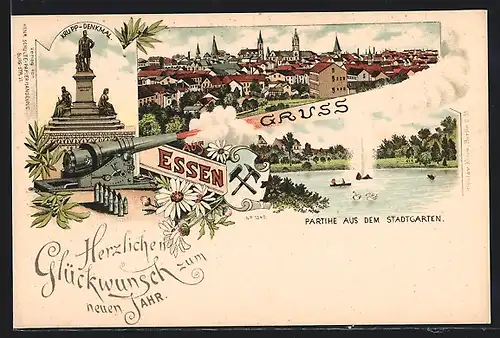 Lithographie Essen, Ortsansicht, Krupp-Denkmal und Partie aus dem Stadtgarten