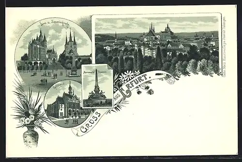 Lithographie Erfurt, Rathaus, Dom und Severinkirche