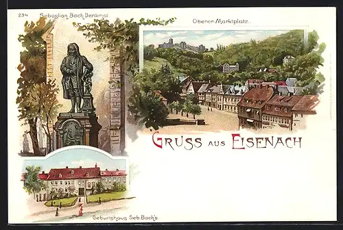 Lithographie Eisenach, Oberer Marktplatz, Sebastian Bach Denkmal, Begurtshaus Seb. Bach`s