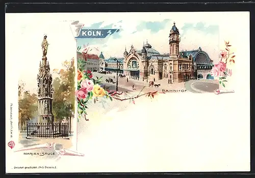 Lithographie Köln, Bahnhof und Marien-Säule