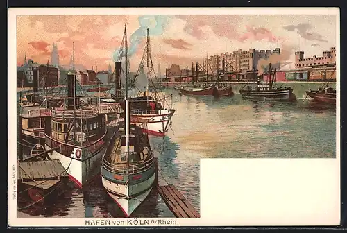 Lithographie Köln, Schiffe und Boote im Hafen