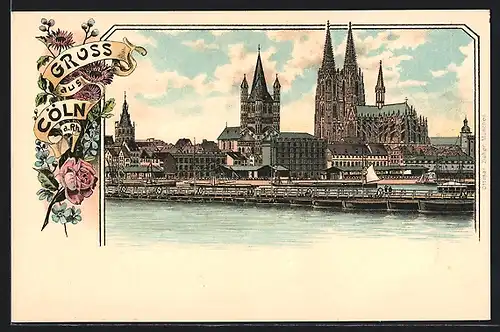 Lithographie Köln, Blick über den Rhein zum Dom