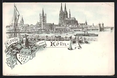Lithographie Köln, Uferpartie mit Dom, Ritterhelm und Wappen