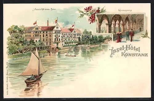 Lithographie Konstanz, Insel-Hotel, Ansicht vom See, Kreuzgang